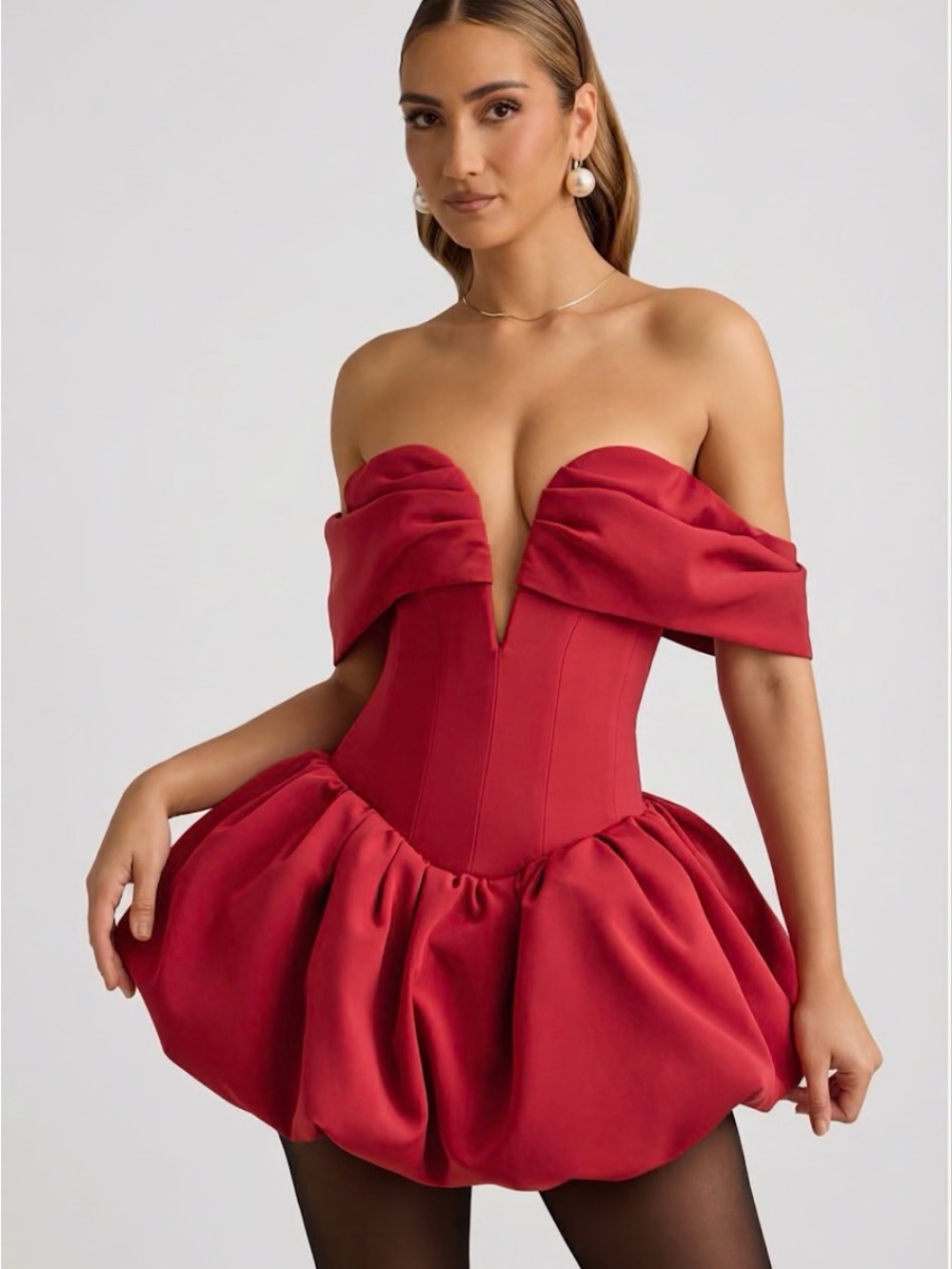Off-Shoulder Layered Bubble Hem Corset Mini Dress in True Red